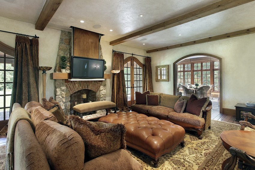 family room with stone fireplace