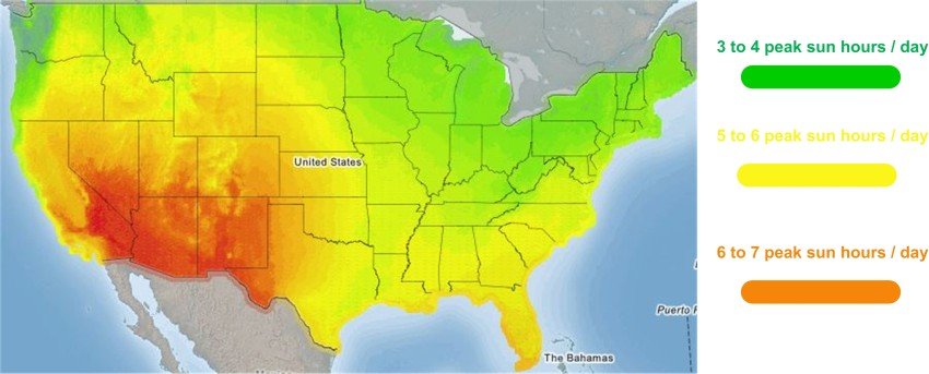 peak sun hours per day in usa states