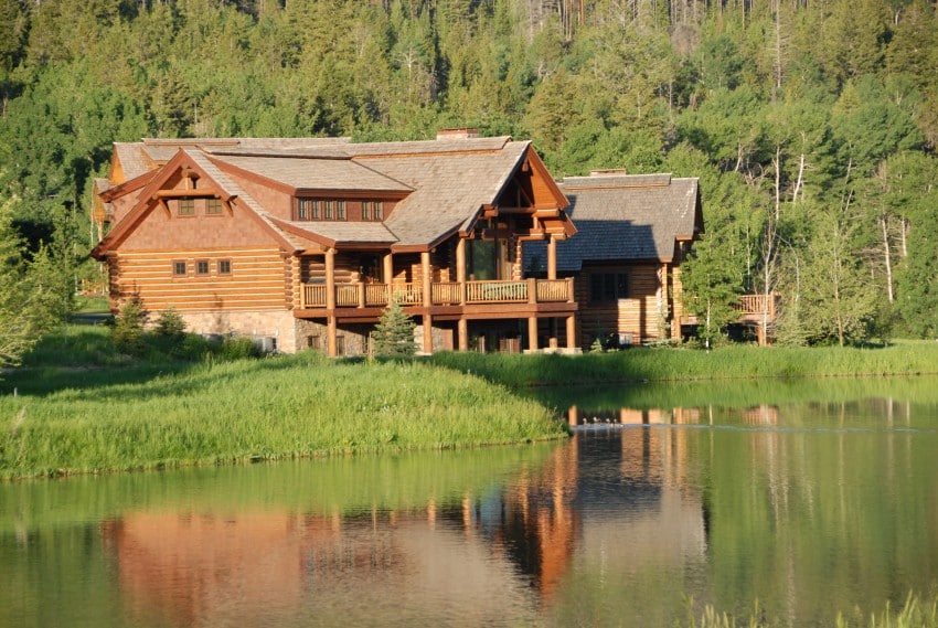 log home with stone foundation
