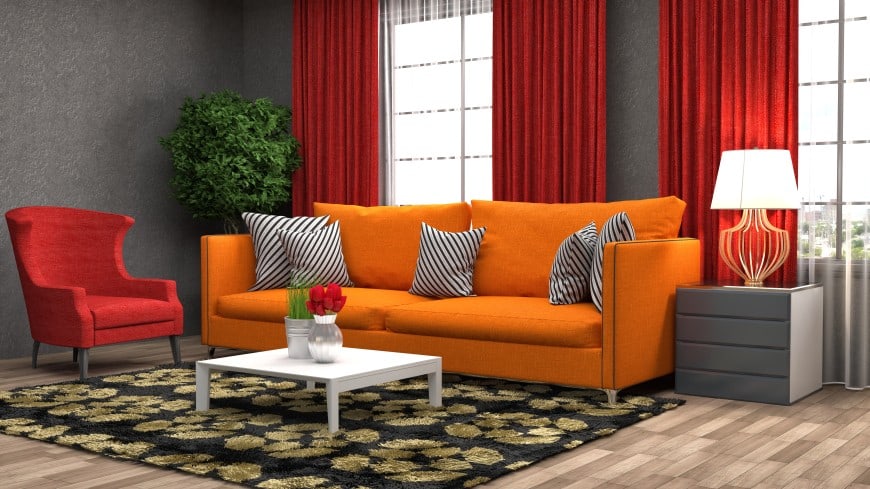 orange sofa and red armchair