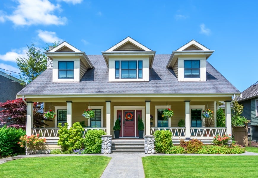 This suburban house has a symmetrical front facade that looks balanced and harmonious.