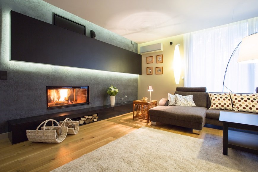 Modern fireplace in cozy luxury drawing room