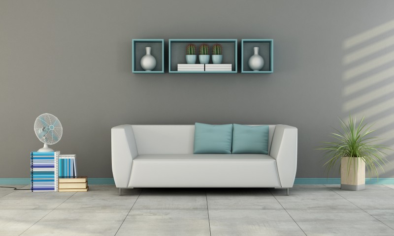 white tile living room with gray wall